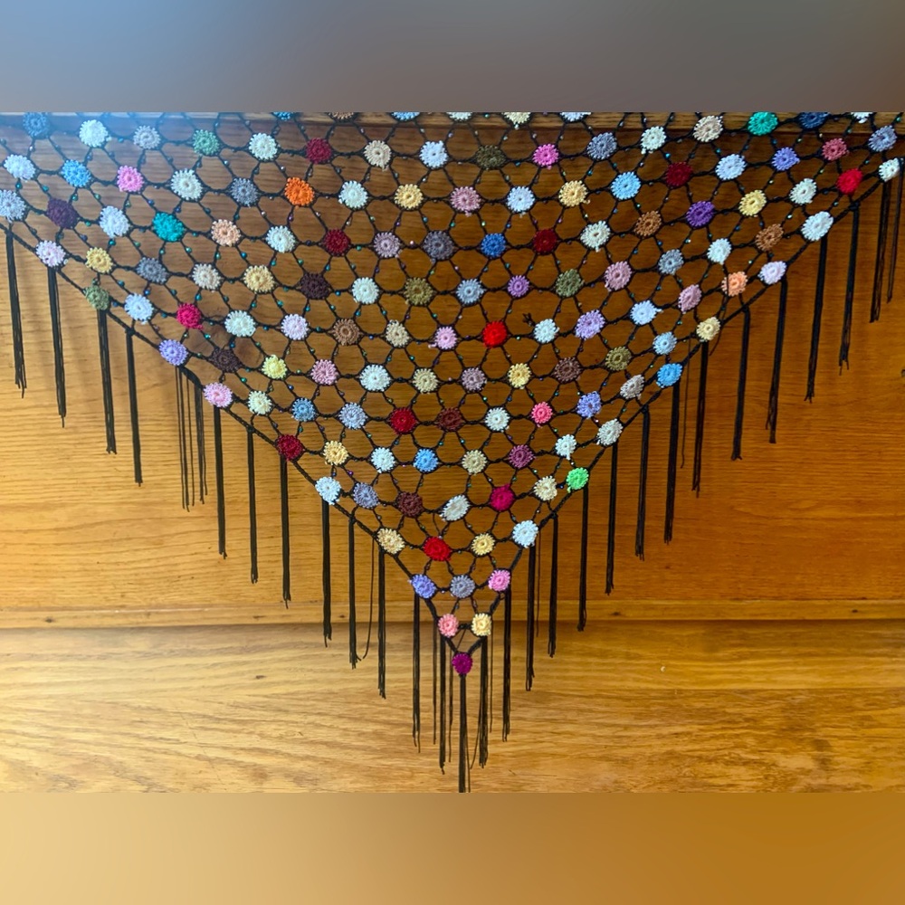 Multicolored Vintage Crocheted Shawl with Beads